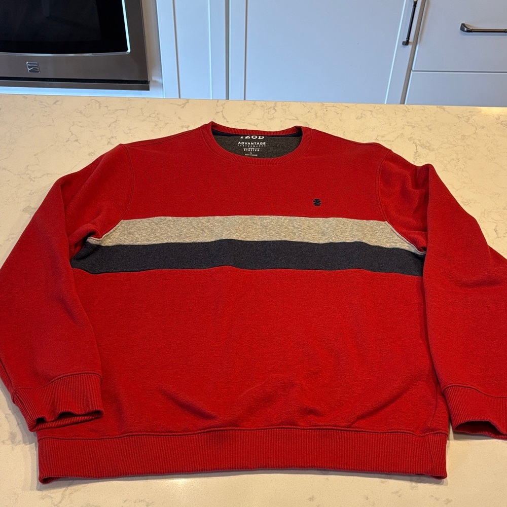 IZOD Men's Red Crewneck Sweatshirt with Gray and Blue Stripes